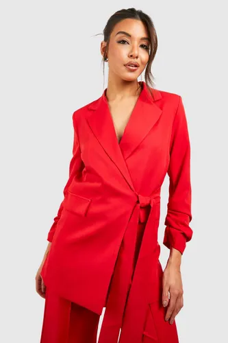 Womens Tie Waist Ruched Sleeve Tailored Blazer - 6, Red