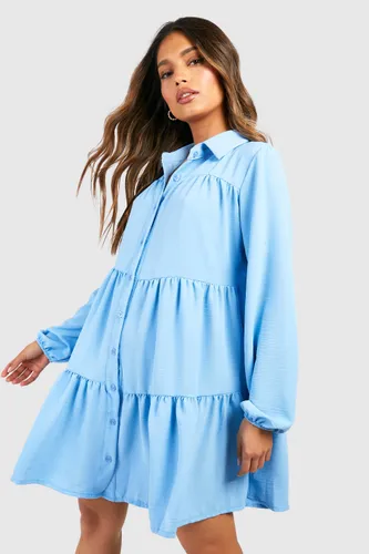 Womens Tiered Smock Shirt Dress - Blue - 10, Blue