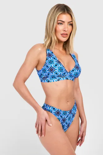 Womens Tile Print Padded Plunge Bikini Set - Blue - 6, Blue