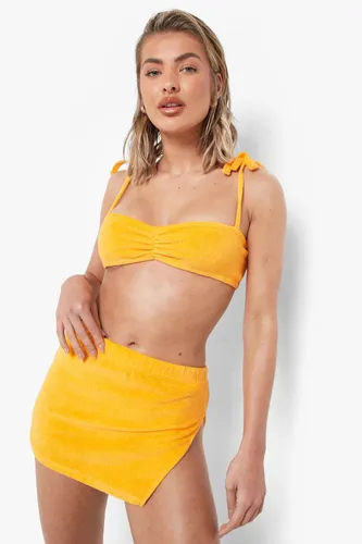 Womens Towelling Ruched Tie Shoulder Bikini Top - Orange - 10, Orange