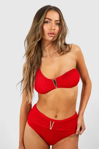 Womens Trim Detail Textured One Shoulder Bikini Set - 6, Red