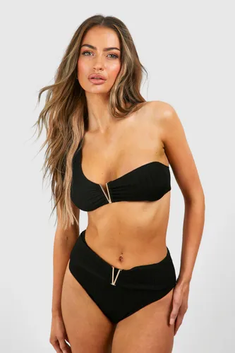 Womens Trim Detail Textured One Shoulder Bikini Set - Black - 6, Black