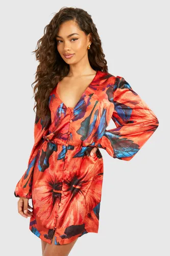 Womens Tropical Print Blouson Sleeve Mini Dress - Orange - 8, Orange