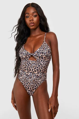 Womens Tummy Control Leopard Twist Front Swimsuit - Brown - 6, Brown