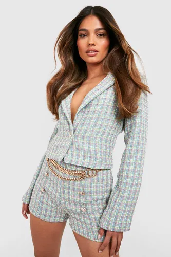 Womens Tweed Check Cropped Tailored Blazer - Green - 12, Green