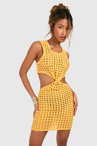 Womens Twist Front Crochet Mini Dress - Gold - 8, Gold