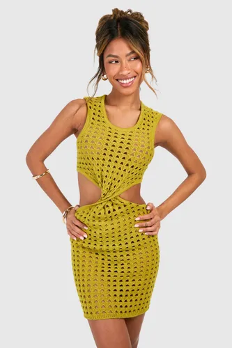 Womens Twist Front Crochet Mini Dress - Green - 12, Green