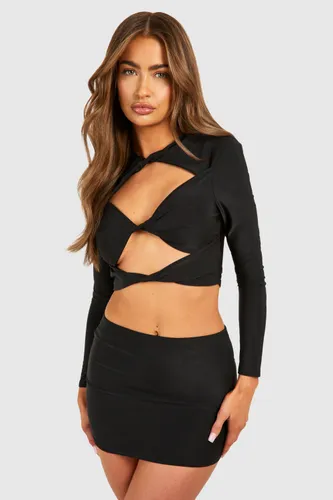 Womens Twist Front Cut Out Long Sleeve Top & Mid Rise Mini Skirt - Black - 6, Black