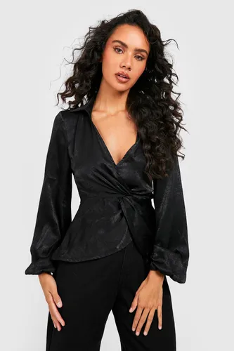 Womens Twist Front Shimmer Satin Shirt - Black - 14, Black
