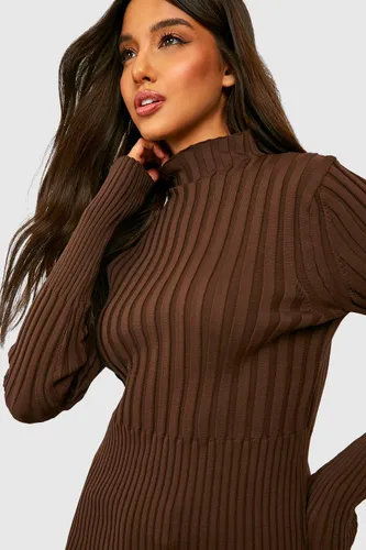 Womens Two Tone High Neck Jumper - Brown - S, Brown