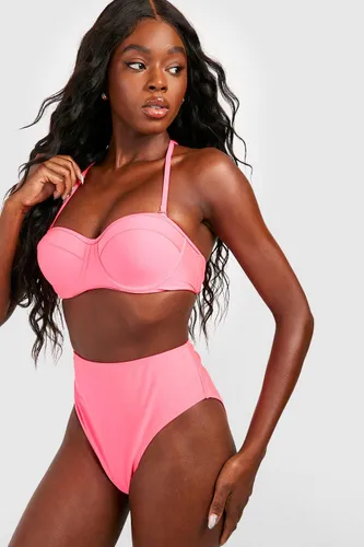 Womens Underwired Padded High Waist Bikini Set - Pink - 8, Pink