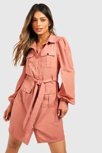 Womens Utility Pocket Detail Shirt Dress - Pink - 8, Pink