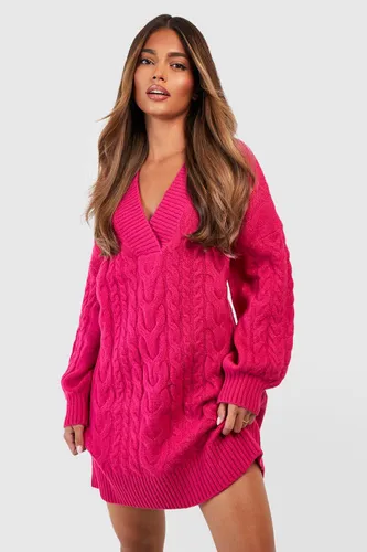 Womens V Neck Cable Knit Dress - Pink - Xs, Pink