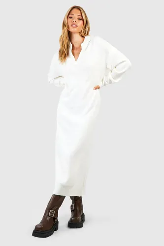 Womens V Neck Collared Knitted Midi Dress - Cream - 8, Cream