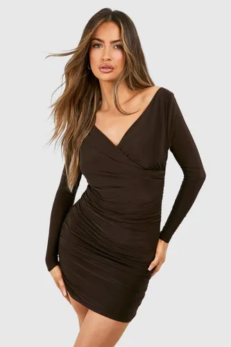 Womens V Neck Ruched Slinky Mini Dress - Brown - 8, Brown