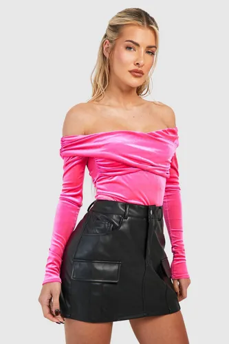 Womens Velvet Ruched Bardot Long Sleeve Top - Pink - 6, Pink