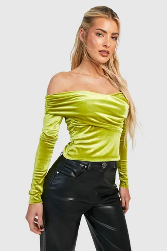 Womens Velvet Ruched Bardot Long Sleeve Top - Yellow - 6, Yellow