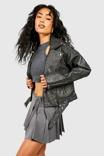 Womens Vintage Look Faux Leather Biker Jacket - Grey - 8, Grey