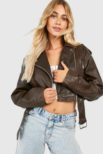 Womens Vintage Look Faux Leather Crop Biker Jacket - Brown - 8, Brown
