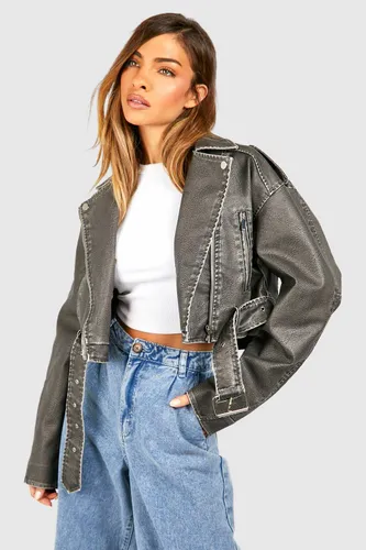 Womens Vintage Look Faux Leather Crop Biker Jacket - Grey - 16, Grey