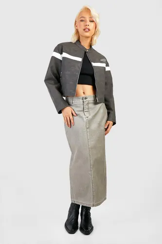 Womens Vintage Look Faux Leather Midi Skirt - Grey - 6, Grey