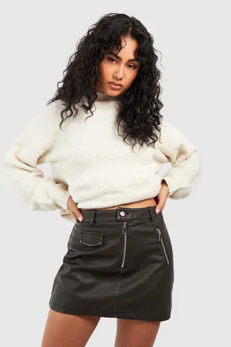Womens Vintage Look Zip Detail Faux Leather Mini Skirt - Grey - 8, Grey