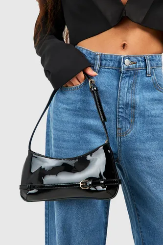 Womens Vinyl Buckle Detail Shoulder Bag - Black - One Size, Black