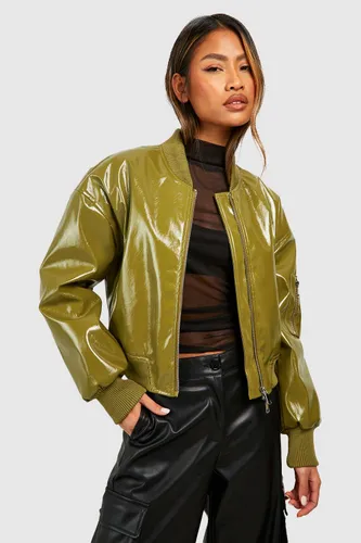 Womens Vinyl Crop Faux Leather Bomber Jacket - Green - 8, Green