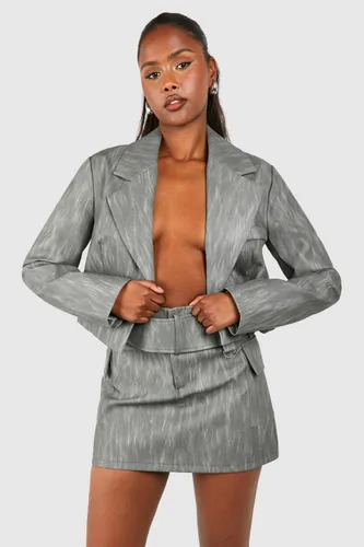 Womens Washed Leather Look Cropped Blazer - Grey - 6, Grey