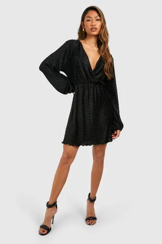 Womens Wave Plisse Blouson Mini Dress - Black - 8, Black