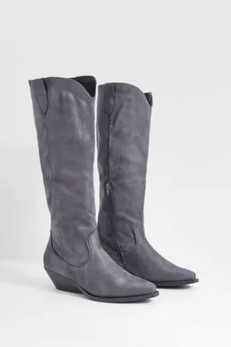 Womens Wedged Heel Knee High Cowboy Boots - Grey - 3, Grey