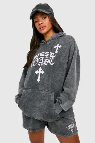 Womens West Coast Cross Print Washed Hooded Short Tracksuit - Grey - S, Grey