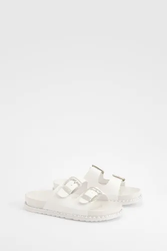 Womens Western Buckle Studded Chunky Sliders - White - 4, White