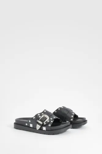 Womens Western Detail Buckle Footbed Sliders - Black - 4, Black