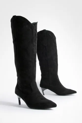 Womens Western Detail Low Knee High Boots - Black - 3, Black
