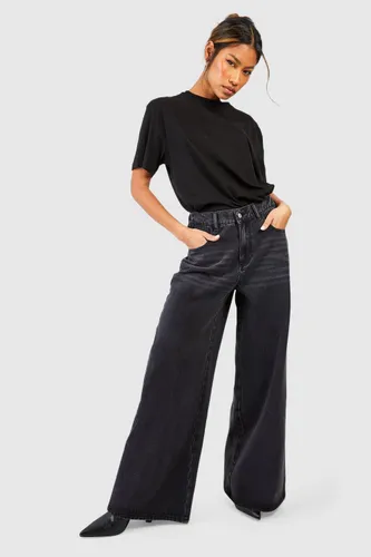 Womens Whisker Detail High Waisted Wide Leg Jeans - Black - 6, Black