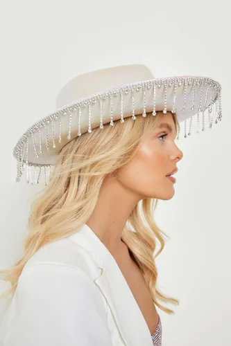 Womens White Diamante Tassel Trim Cowboy Hat - One Size, White