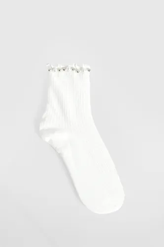 Womens White Embellished Pearl Socks - One Size, White