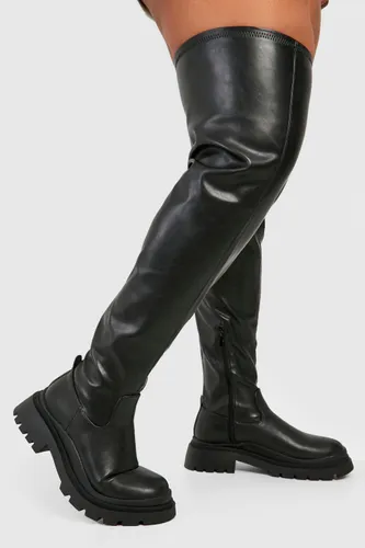 Womens Wide Calf Chunky Stretch Pu Over The Knee Boots - Black - 6, Black