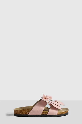 Womens Wide Fit Double Bow Footbed Sliders - Pink - 3, Pink