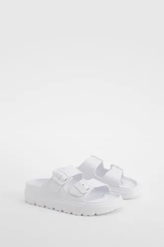 Womens Wide Fit Double Strap Buckle Sliders - White - 3, White