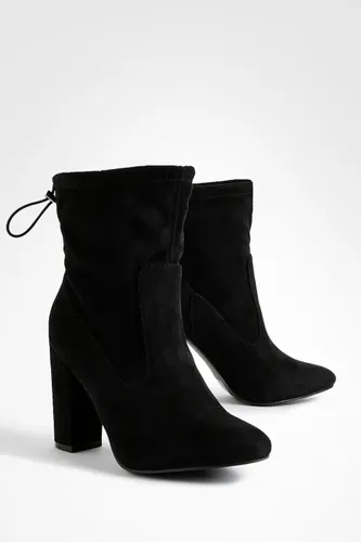 Womens Wide Fit Faux Suede Tie Leg Block Heel Sock Boots - Black - 4, Black