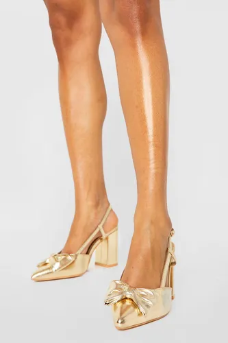 Womens Wide Fit Metallic Bow Detail Court Shoe - Gold - 6, Gold