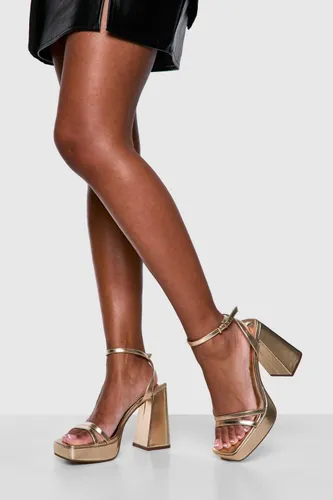 Womens Wide Fit Multi Strap High Platform Two Part Heels - Gold - 7, Gold