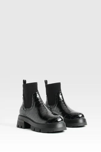 Womens Wide Fit Neoprene Panel Croc Chelsea Boots - Black - 4, Black
