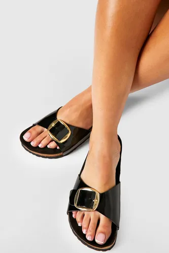 Womens Wide Fit Oversized Buckle Patent Footbed Sliders - Black - 6, Black