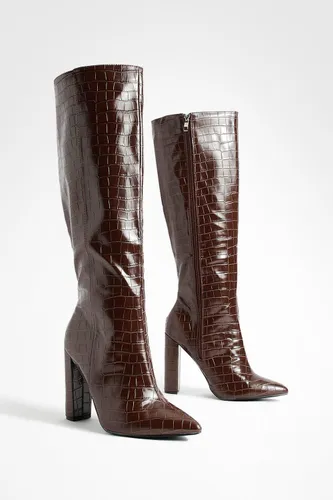 Womens Wide Fit Pointed Toe Croc Knee High Boot - Brown - 7, Brown