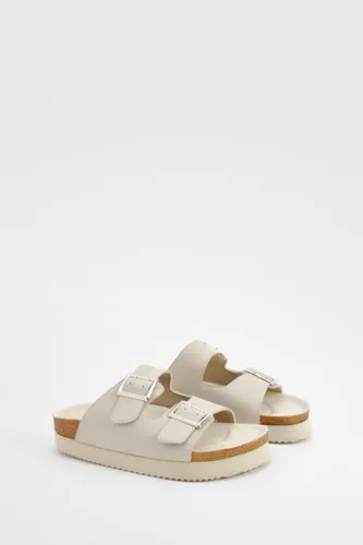 Womens Wide Fit Square Buckle Footbed Sliders - Cream - 4, Cream
