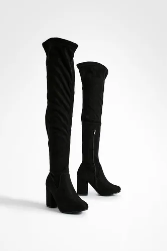 Womens Wide Fit Stretch Block Heel Over The Knee Boots - Black - 3, Black
