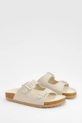 Womens Wide Fit Studded Double Buckle Footbed Sliders - Cream - 3, Cream